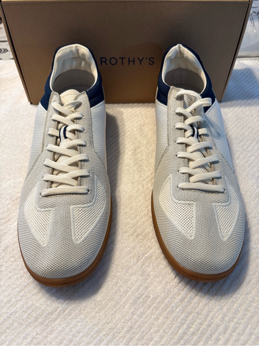 Rothy's Men's Cream Knit Sneakers with Navy Heel